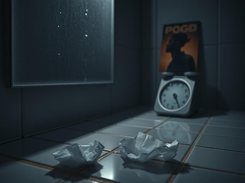Flick International Dimly lit bathroom with a foggy mirror and crumpled tissue symbolizing emotional turmoil