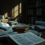 Flick International A dimly lit room symbolizing the weight of journalism with a half-open book titled 'Original Sin' on a wooden table
