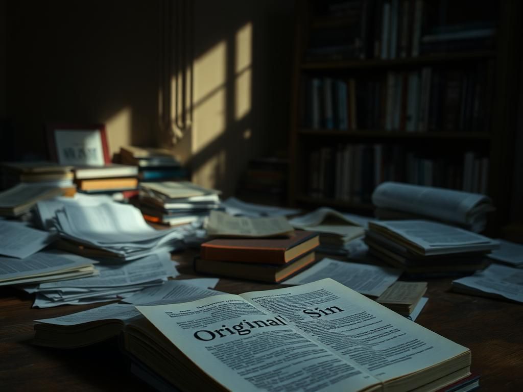 Flick International A dimly lit room symbolizing the weight of journalism with a half-open book titled 'Original Sin' on a wooden table