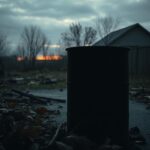 Flick International Charred burn barrel in a secluded alley surrounded by dry autumn leaves