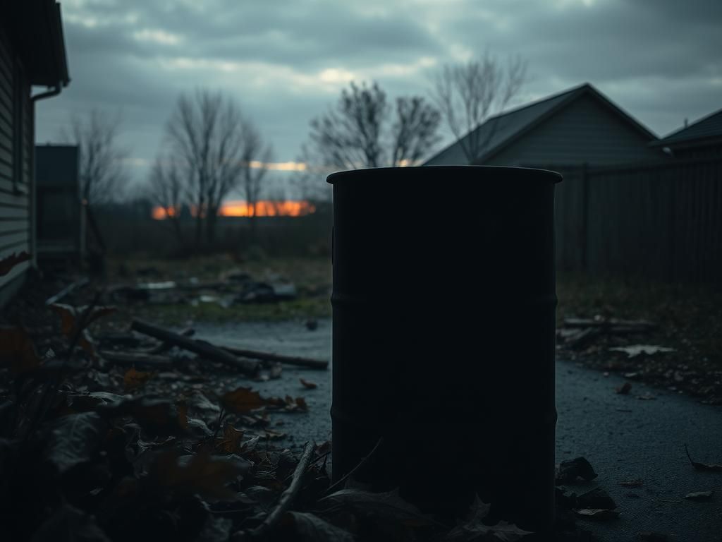 Flick International Charred burn barrel in a secluded alley surrounded by dry autumn leaves