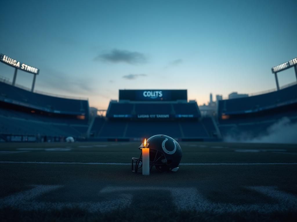 Flick International Empty Lucas Oil Stadium with a Colts helmet and candle in remembrance of owner Jim Irsay