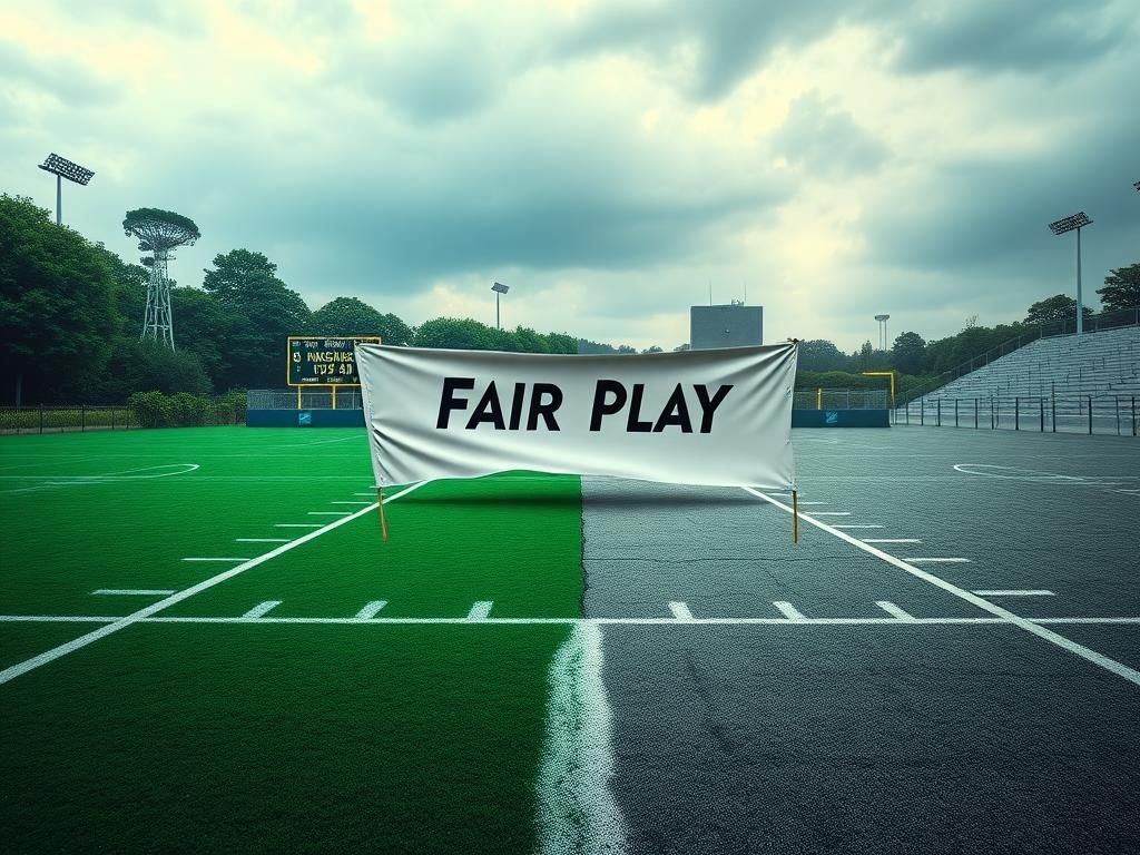 Flick International A dramatic split image illustrating the controversy over transgender athletes in women's sports, featuring a lush green side and a stark gray side.