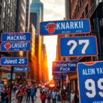 Flick International A vibrant street scene in New York City featuring blue and orange street signs dedicated to Knicks players