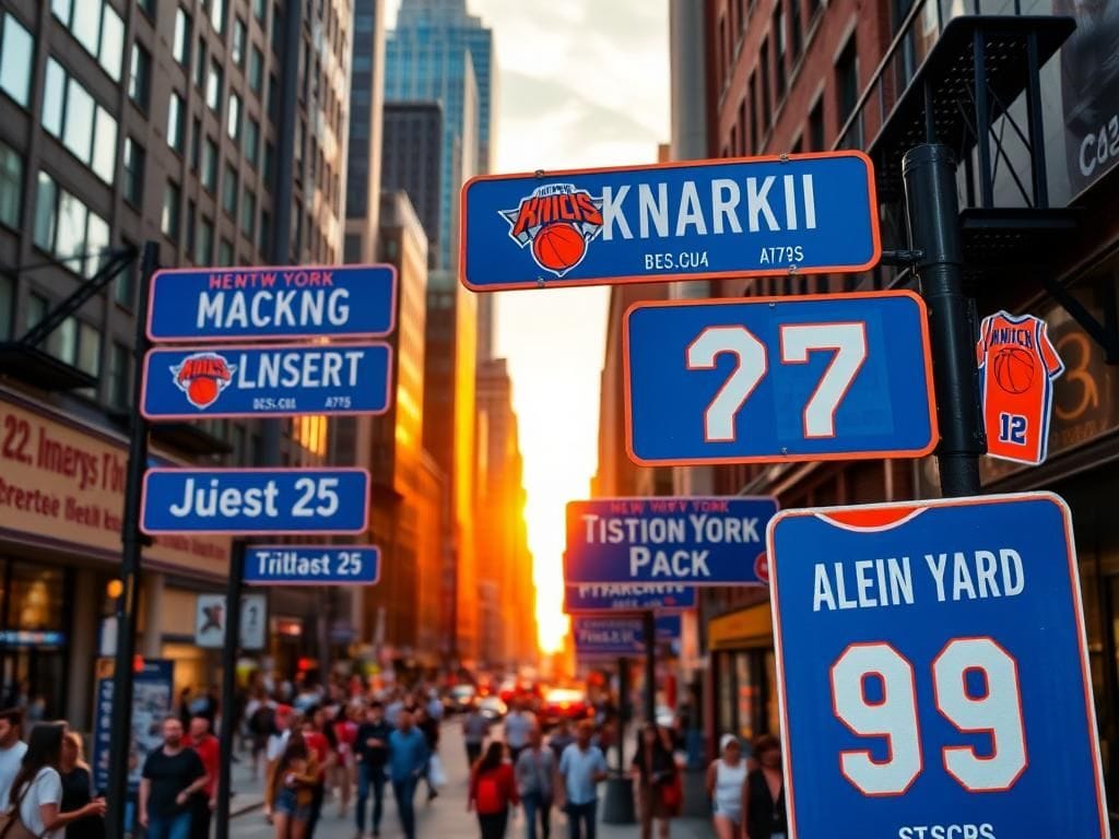 Flick International A vibrant street scene in New York City featuring blue and orange street signs dedicated to Knicks players