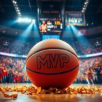 Flick International Shai Gilgeous-Alexander celebrating his MVP award in a vibrant basketball arena filled with confetti