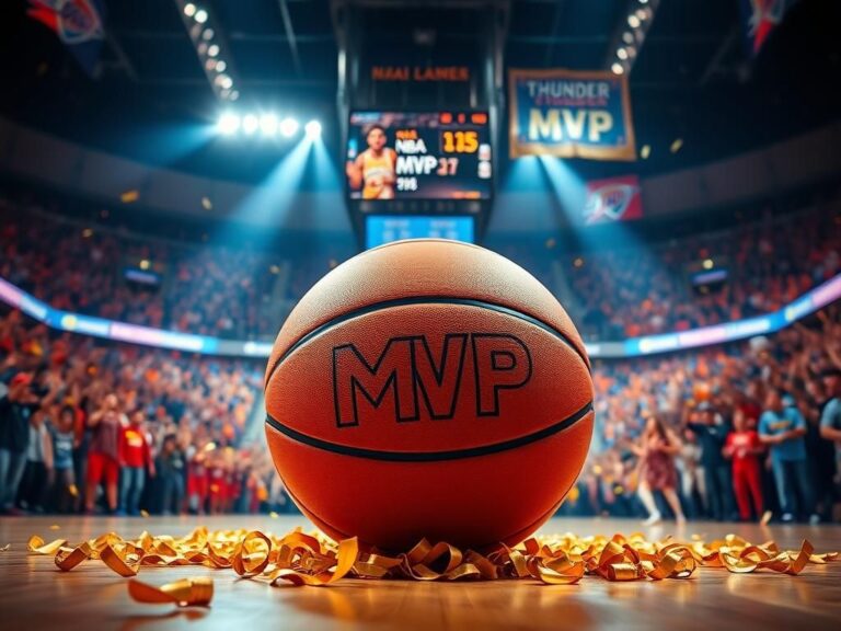 Flick International Shai Gilgeous-Alexander celebrating his MVP award in a vibrant basketball arena filled with confetti