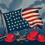 Flick International Illustration of a torn American flag surrounded by tools, symbolizing the working-class struggle in politics