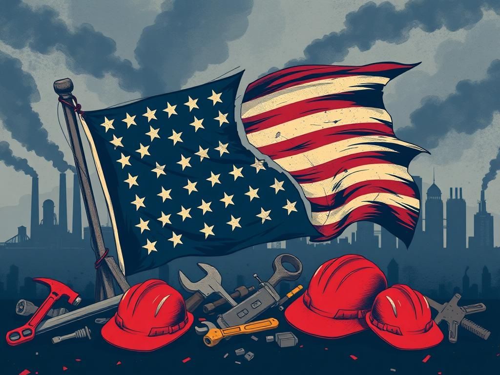 Flick International Illustration of a torn American flag surrounded by tools, symbolizing the working-class struggle in politics
