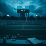 Flick International Dimly lit college football stadium at night with empty field and goalposts