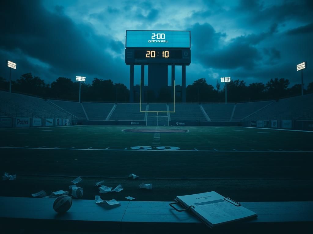 Flick International Dimly lit college football stadium at night with empty field and goalposts