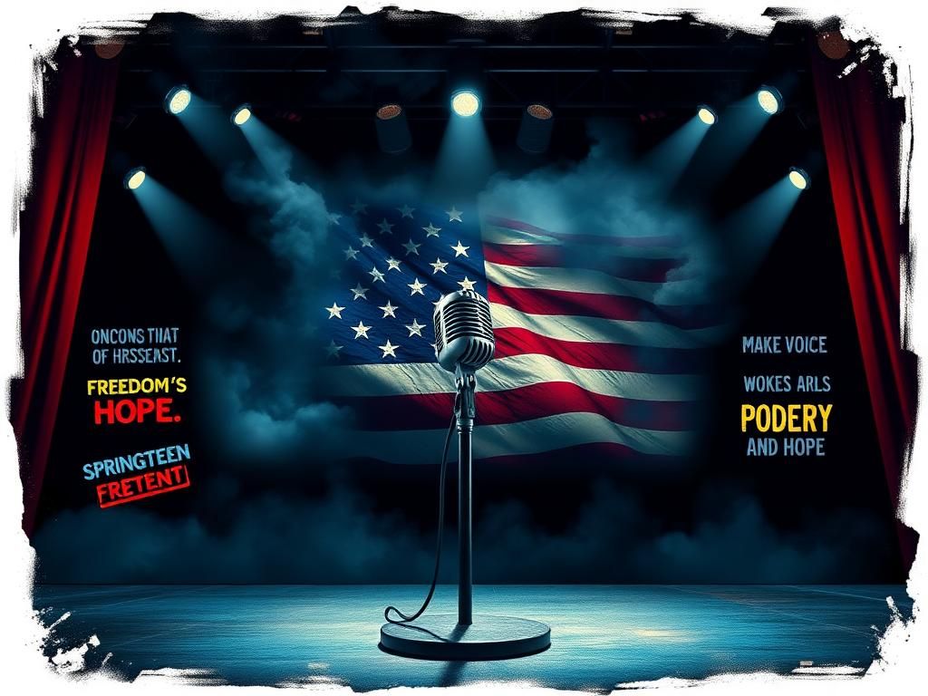 Flick International Empty concert stage with a vintage microphone symbolizing protest