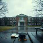 Flick International A somber view of Wilgus Hall at the University of Wisconsin-Platteville on a grey day with fallen leaves symbolizing recent tragedy