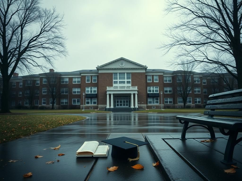 Flick International A somber view of Wilgus Hall at the University of Wisconsin-Platteville on a grey day with fallen leaves symbolizing recent tragedy
