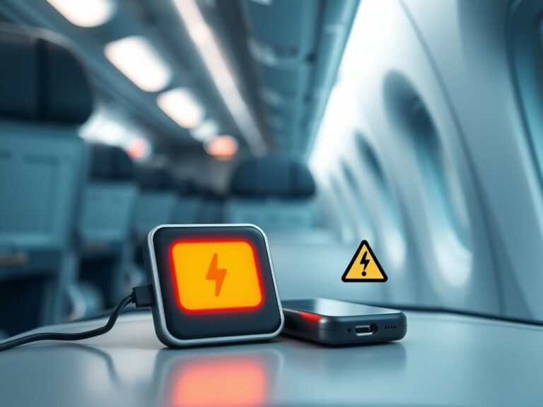 Flick International Close-up of a portable charger on an airplane tray table with glowing battery icon