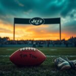 Flick International Empty football field at dusk with New York Jets logo and a weathered football symbolizing Tim Tebow's college legacy.
