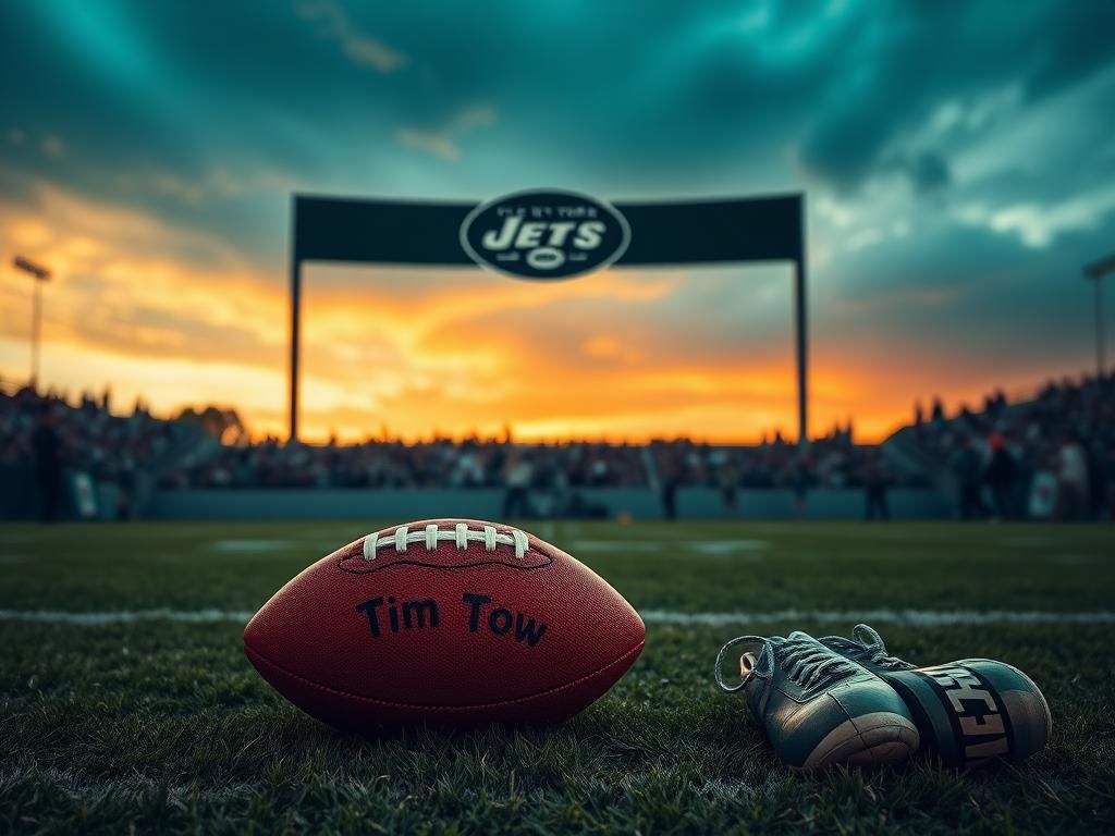 Flick International Empty football field at dusk with New York Jets logo and a weathered football symbolizing Tim Tebow's college legacy.