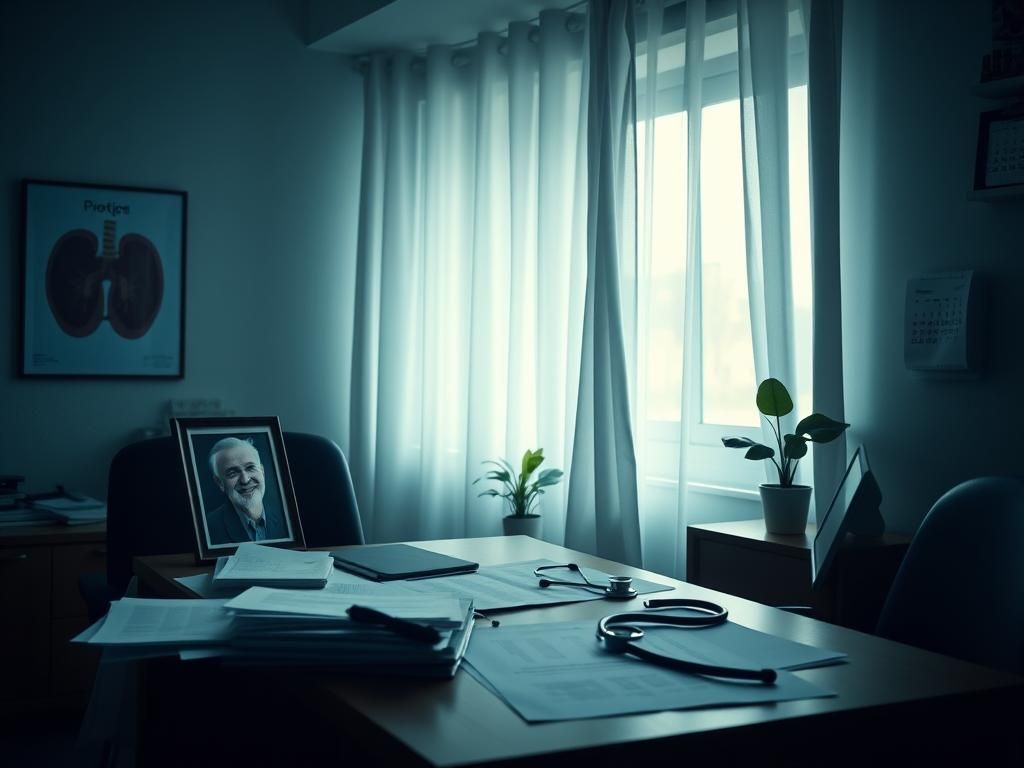 Flick International A somber doctor's office with medical reports and a stethoscope, emphasizing health concerns.