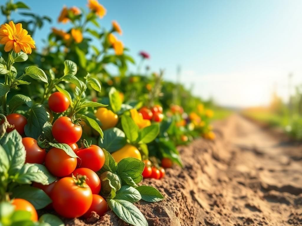 Flick International Close-up of a thriving green garden showcasing colorful flowers and fresh vegetables