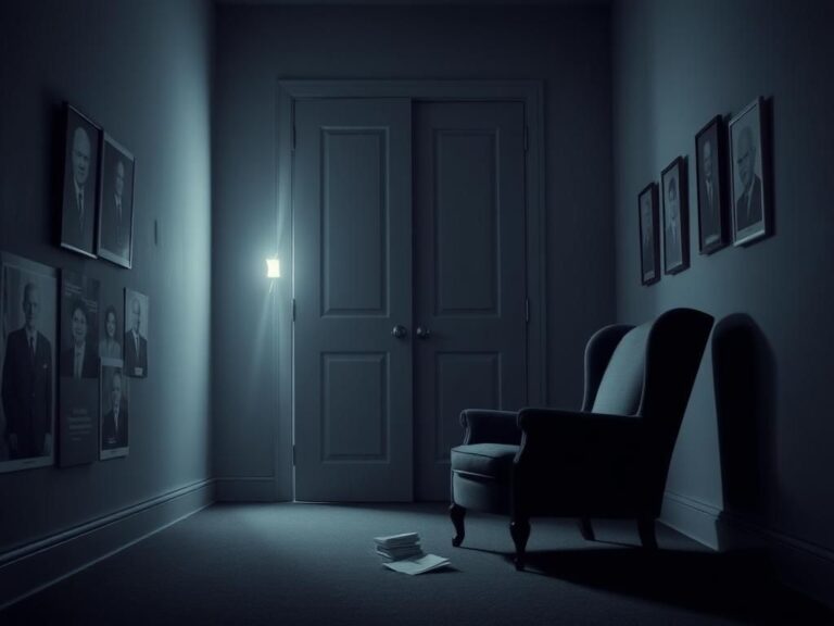 Flick International A dimly lit hallway with a large closed door, faint light filtering through a cracked window, symbolizing concerns over Biden's mental fitness.