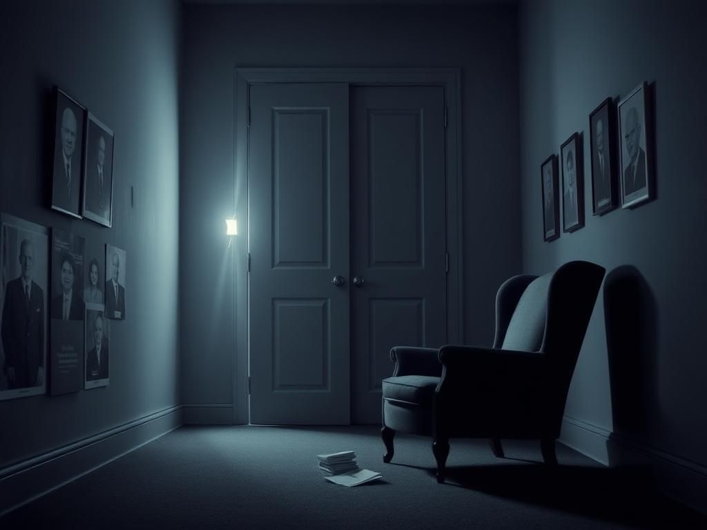 Flick International A dimly lit hallway with a large closed door, faint light filtering through a cracked window, symbolizing concerns over Biden's mental fitness.