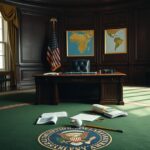 Flick International A tense scene in the Oval Office with scattered documents and a golf ball reflecting a discussion on South Africa.