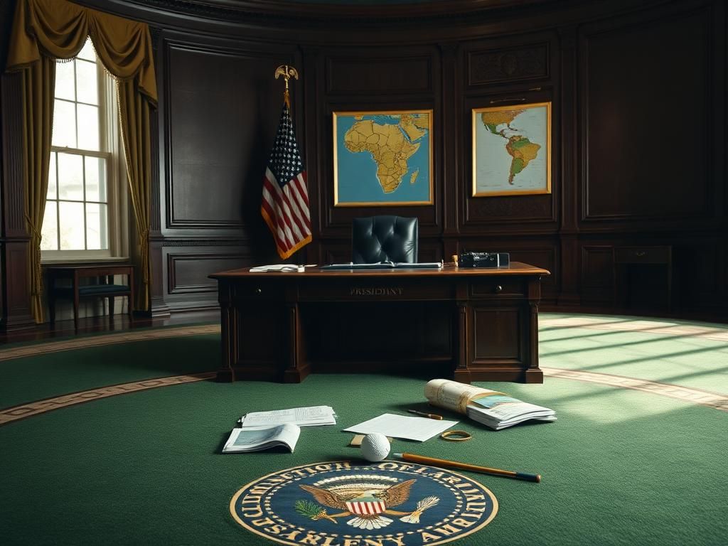 Flick International A tense scene in the Oval Office with scattered documents and a golf ball reflecting a discussion on South Africa.