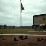 Flick International Empty army base with abandoned barracks and a solemn American flag