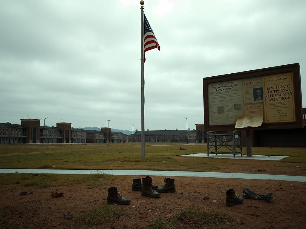 Flick International Empty army base with abandoned barracks and a solemn American flag