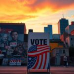 Flick International Vibrant urban landscape with modern voting booth and campaign materials