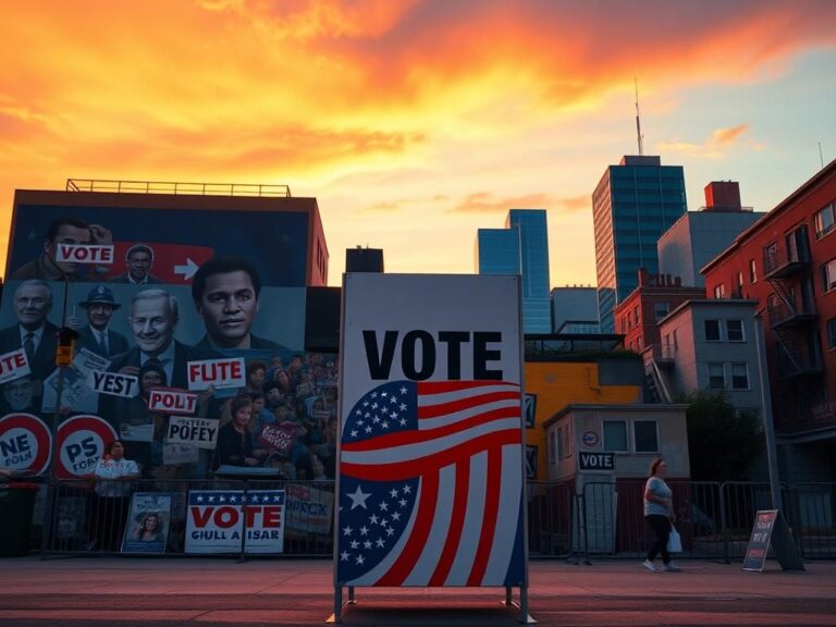 Flick International Vibrant urban landscape with modern voting booth and campaign materials