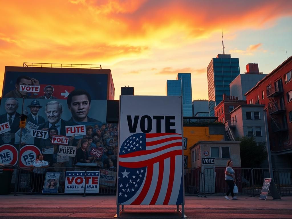 Flick International Vibrant urban landscape with modern voting booth and campaign materials