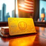 Flick International A golden card symbolizing the Trump Gold Card visa program on an elegant wooden desk