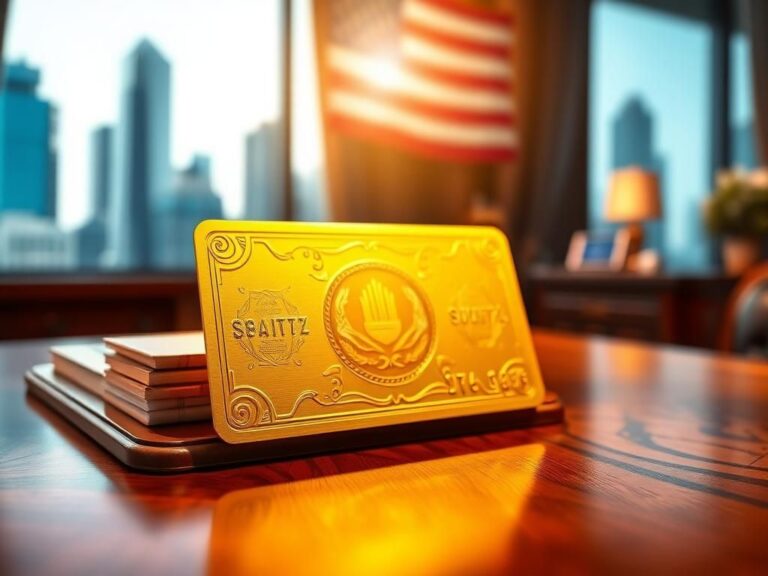 Flick International A golden card symbolizing the Trump Gold Card visa program on an elegant wooden desk