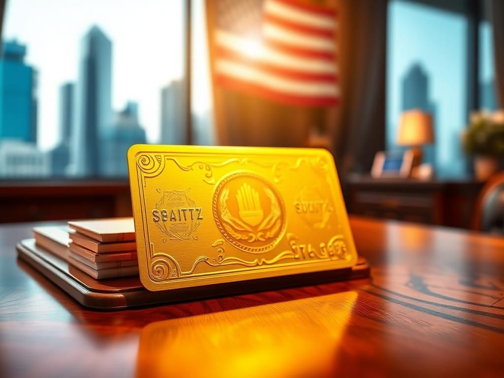 Flick International A golden card symbolizing the Trump Gold Card visa program on an elegant wooden desk