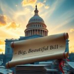 Flick International A majestic Capitol building at dawn with a large scroll labeled 'Big, Beautiful Bill' in the foreground.