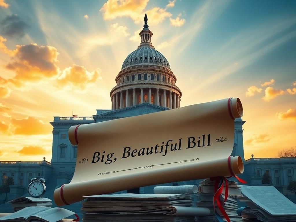 Flick International A majestic Capitol building at dawn with a large scroll labeled 'Big, Beautiful Bill' in the foreground.