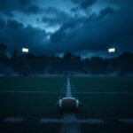 Flick International Empty football field at dusk with a single football on the 50-yard line