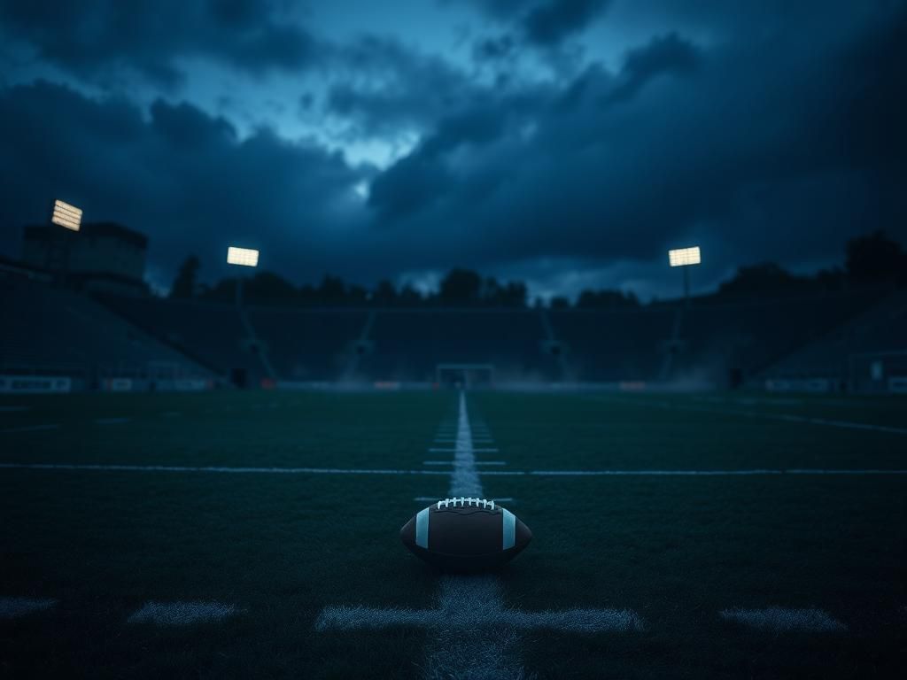 Flick International Empty football field at dusk with a single football on the 50-yard line