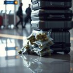 Flick International Close-up of four heavy roller luggage bags showing cannabis packages spilling out