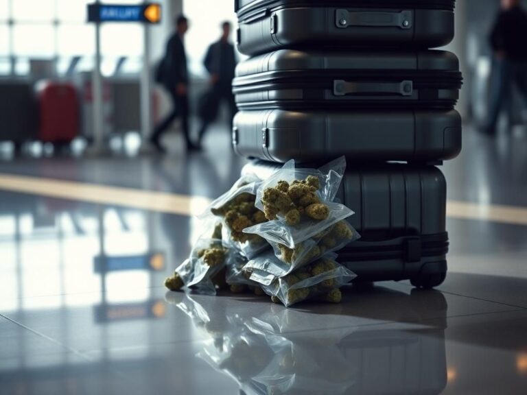 Flick International Close-up of four heavy roller luggage bags showing cannabis packages spilling out