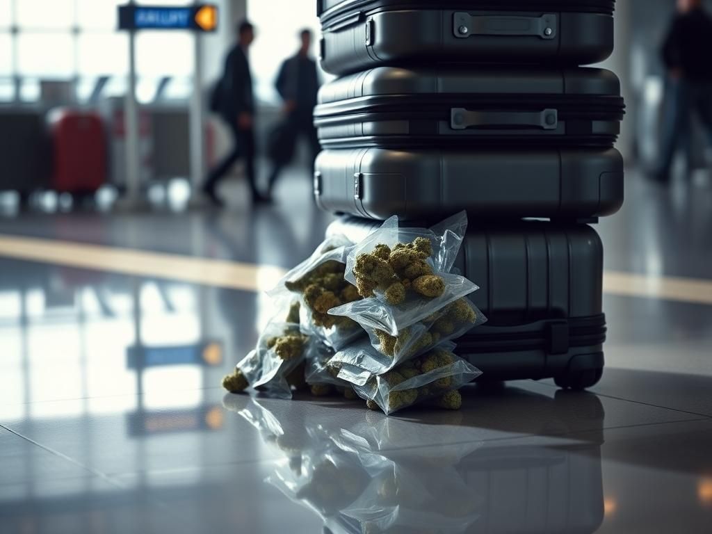 Flick International Close-up of four heavy roller luggage bags showing cannabis packages spilling out
