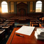 Flick International A grand legislative chamber with empty wooden desks and an imposing podium, symbolizing the seriousness of political negotiations.