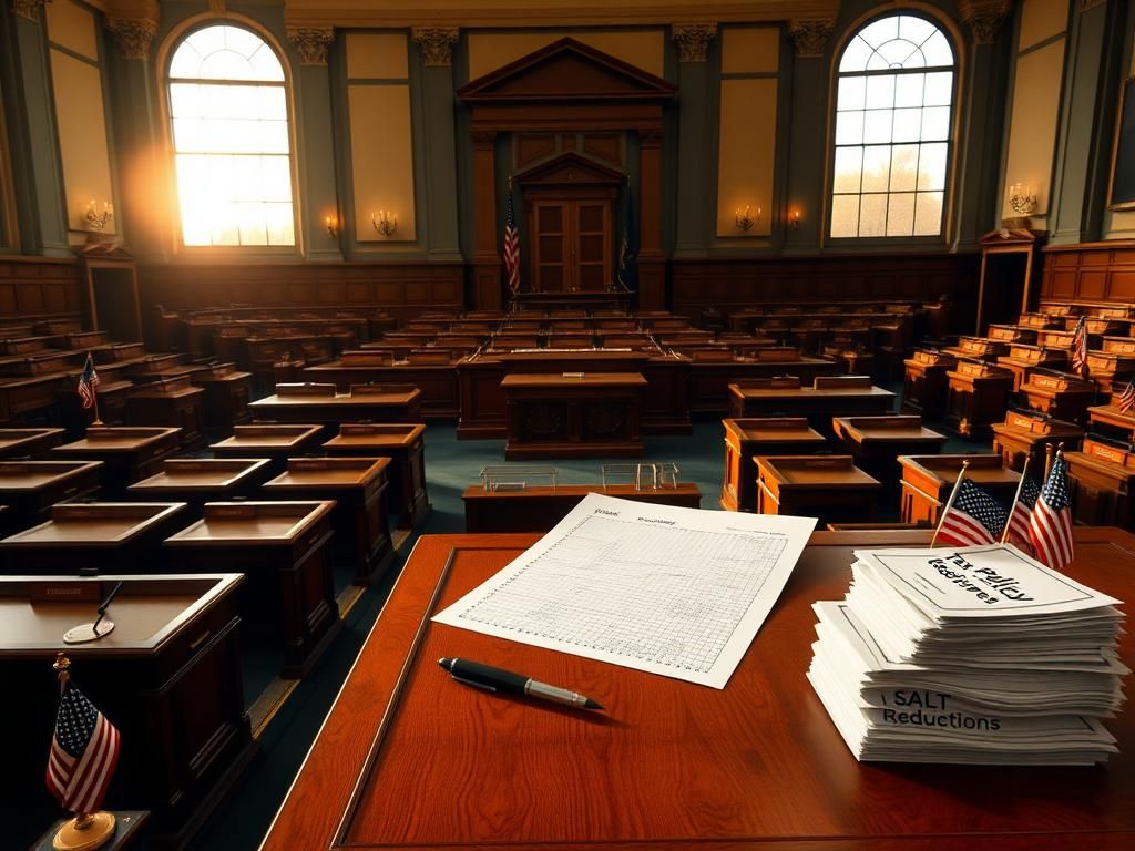 Flick International A grand legislative chamber with empty wooden desks and an imposing podium, symbolizing the seriousness of political negotiations.