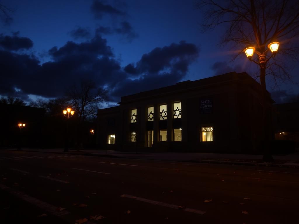 Flick International Exterior view of the Capital Jewish Museum illuminated at night with a somber atmosphere