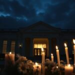 Flick International Dimly lit exterior of the Capital Jewish Museum with a candle memorial