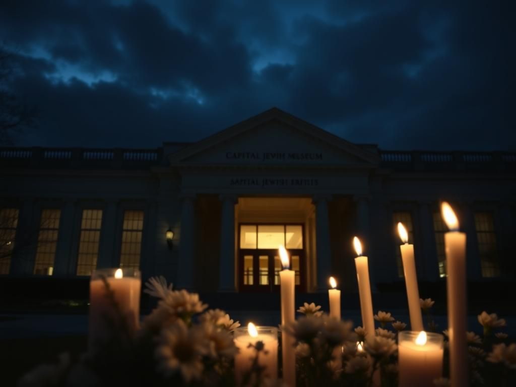 Flick International Dimly lit exterior of the Capital Jewish Museum with a candle memorial
