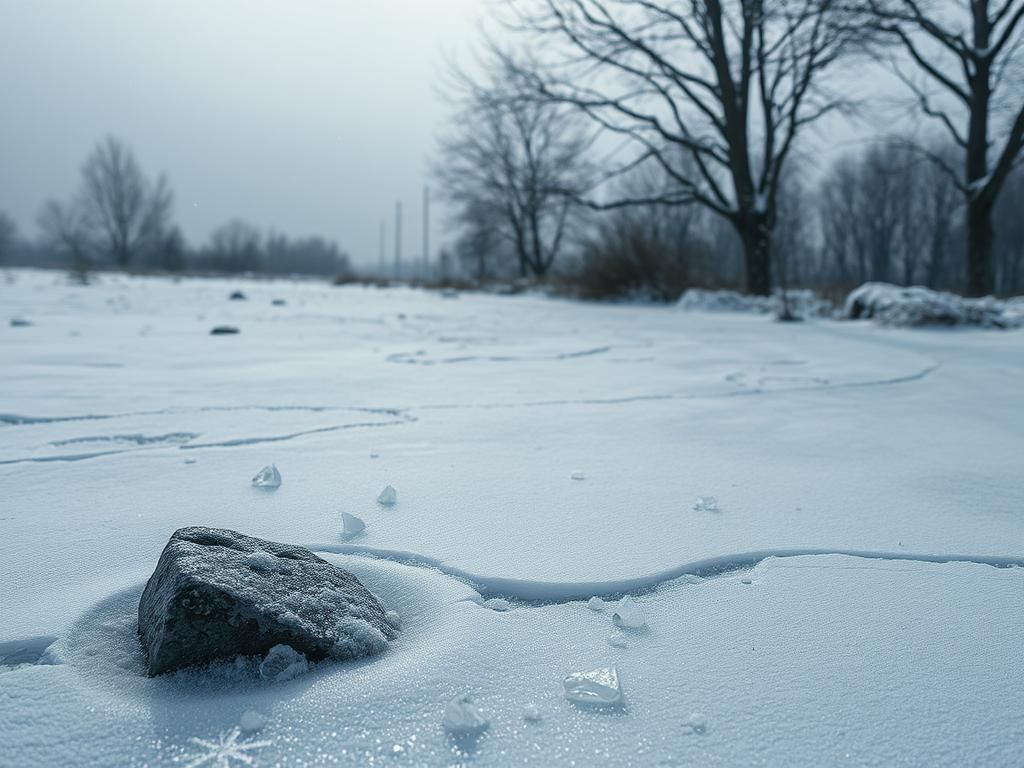 Flick International A somber winter scene showcasing a patch of frozen ground with broken glass remnants.
