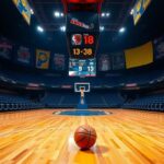 Flick International Basketball court scene showcasing a Knicks vs Pacers matchup with an abandoned basketball near the three-point arc