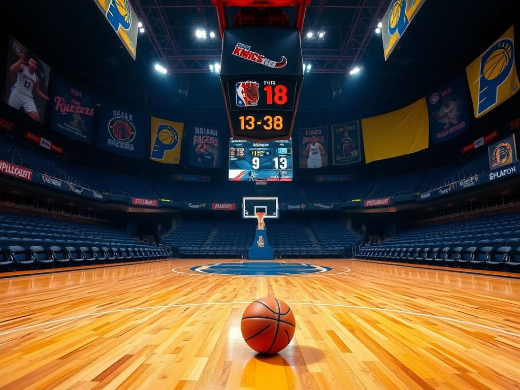Flick International Basketball court scene showcasing a Knicks vs Pacers matchup with an abandoned basketball near the three-point arc